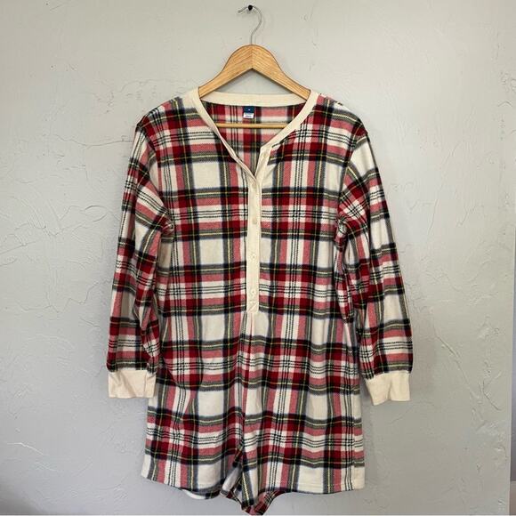 Old Navy Red and Cream Pajama Romper Cozy Plaid Christmas - Picture 1 of 6